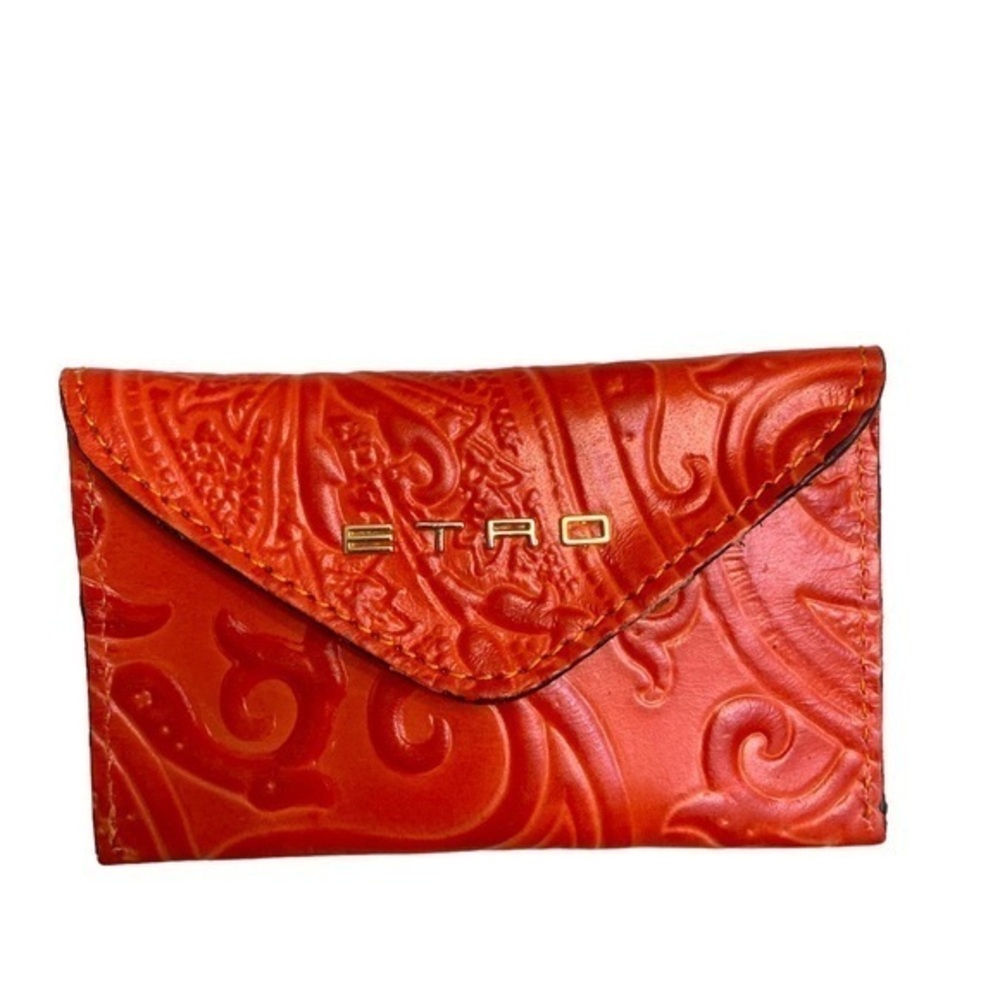 Etro tooled leather red orange card holder